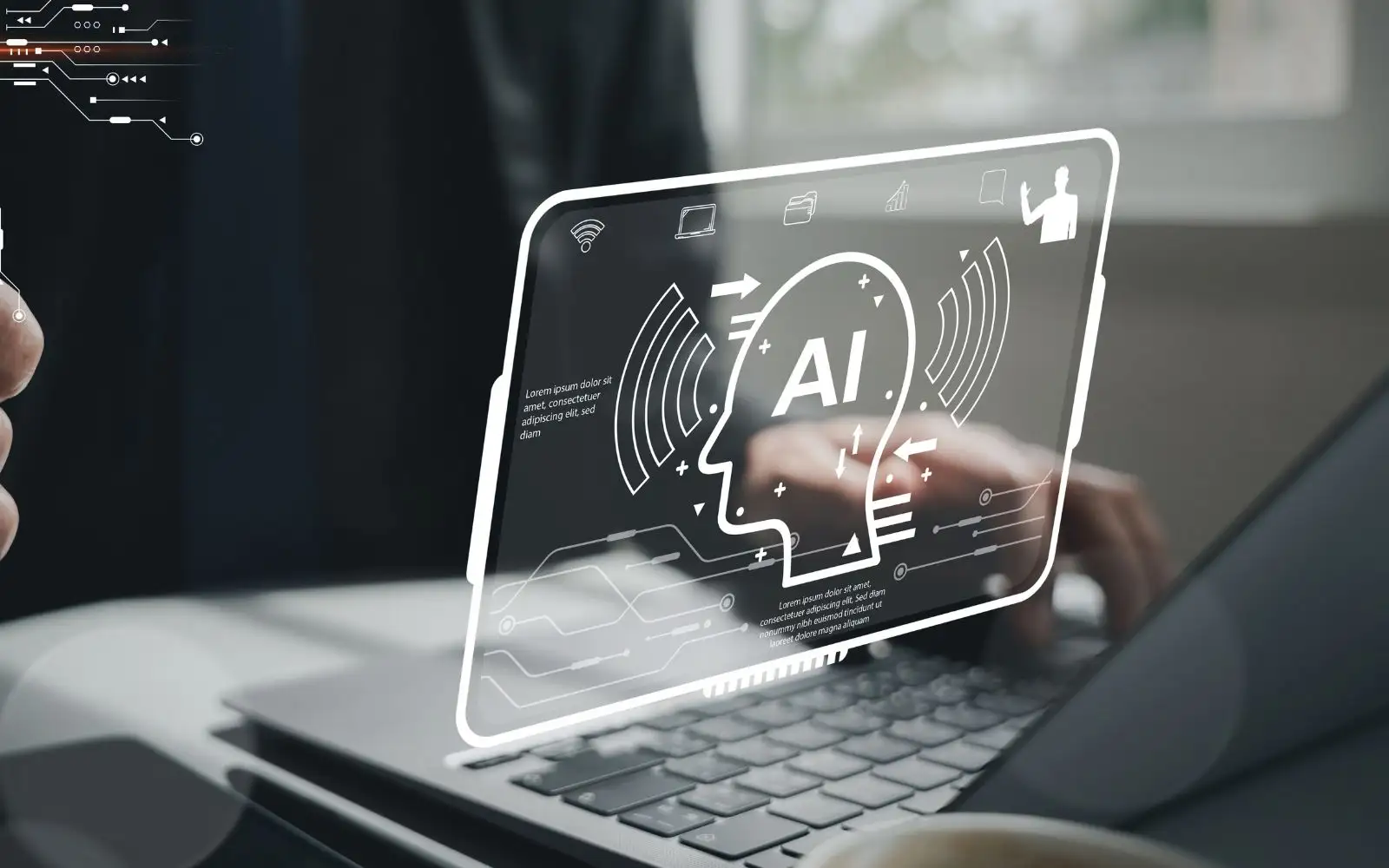 AI และ Admin Outsourcing Services กำลังทำงานร่วมกันผ่านระบบดิจิทัลสมัยใหม่ พร้อมแสดงภาพทีมงานมืออาชีพที่ใช้เทคโนโลยี AI ช่วยจัดการงานเอกสาร ตอบแชทลูกค้า วิเคราะห์ข้อมูล และบริหารงานธุรกิจในออฟฟิศทันสมัย